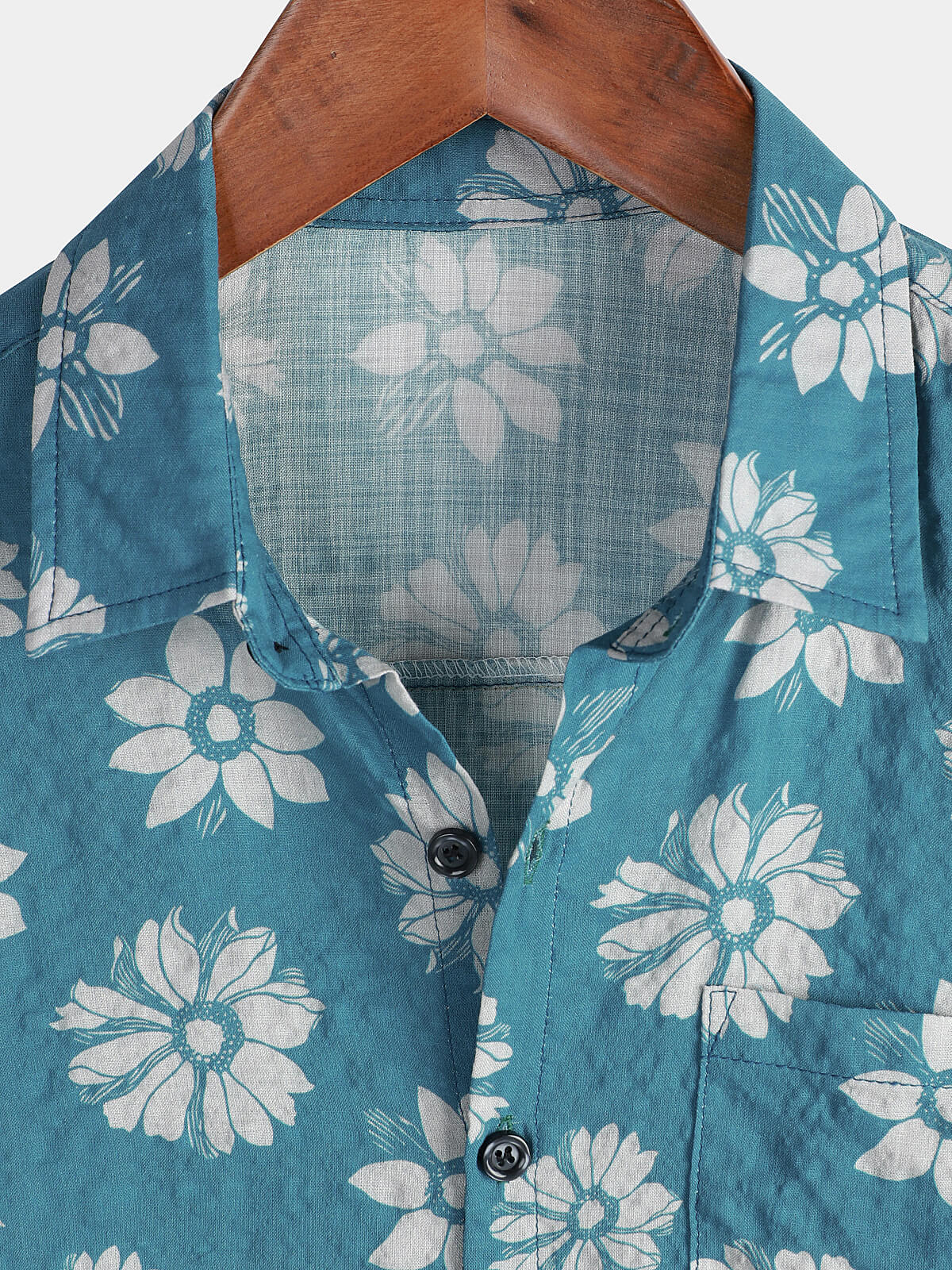 Camisa Blue floral de manga corta Summer de algodón Hawaiian Button Up para hombre