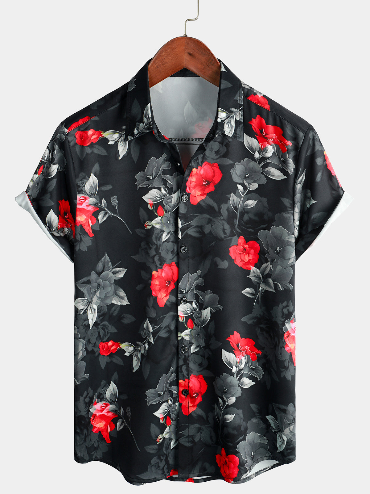Camisa casual floral Button Up Summer Beach Black de manga corta para hombre