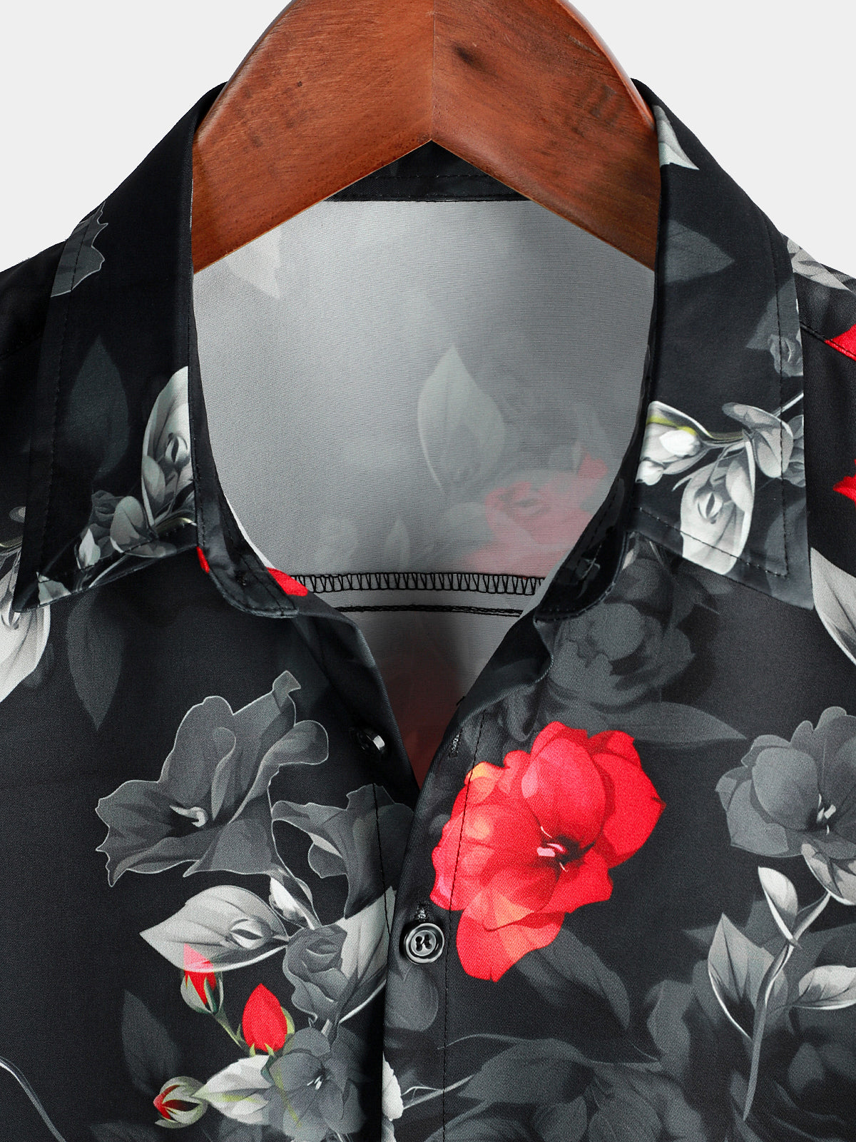 Camisa casual floral Button Up Summer Beach Black de manga corta para hombre