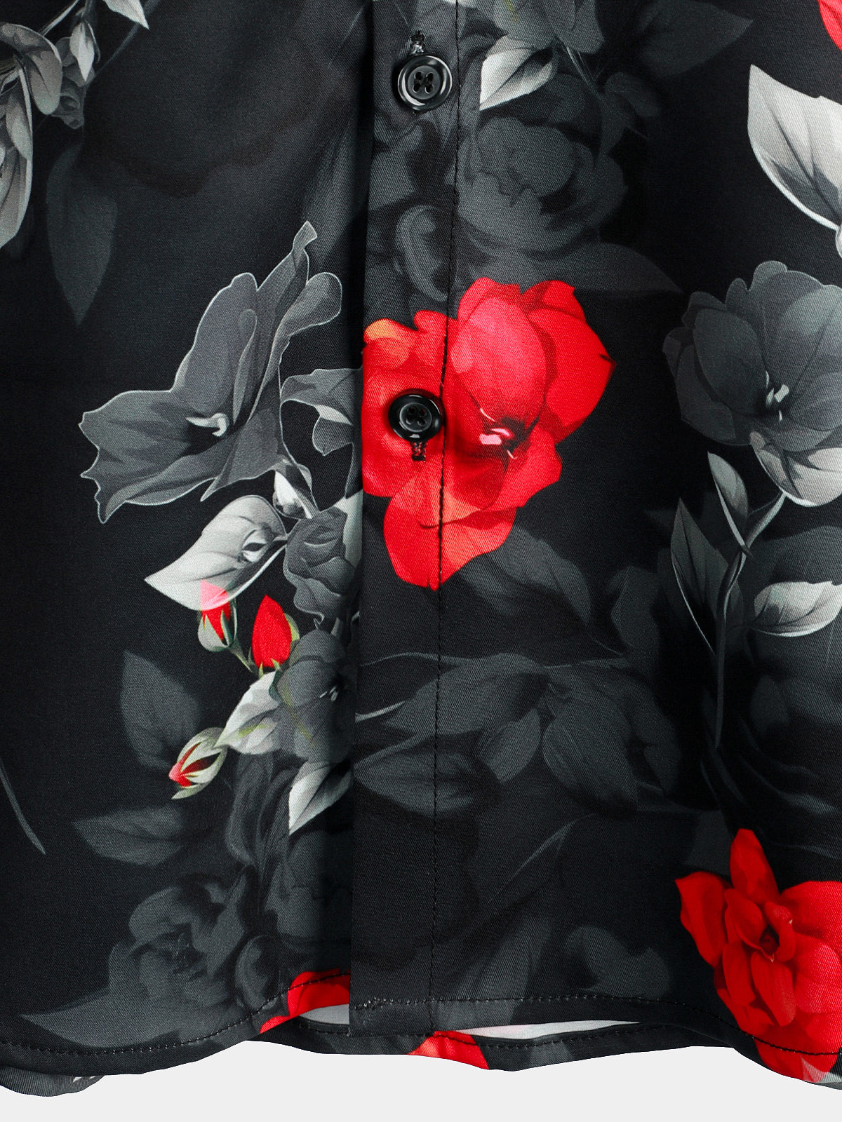 Camisa casual floral Button Up Summer Beach Black de manga corta para hombre