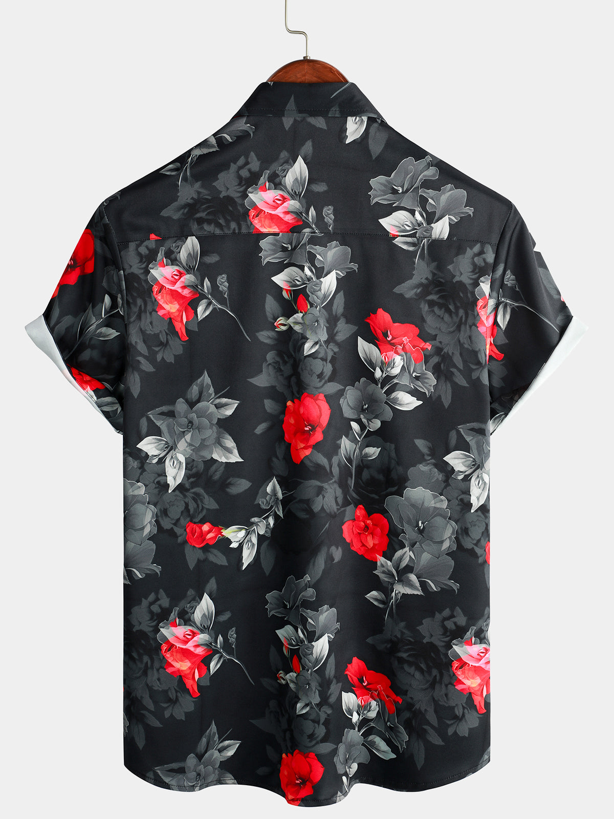 Camisa casual floral Button Up Summer Beach Black de manga corta para hombre