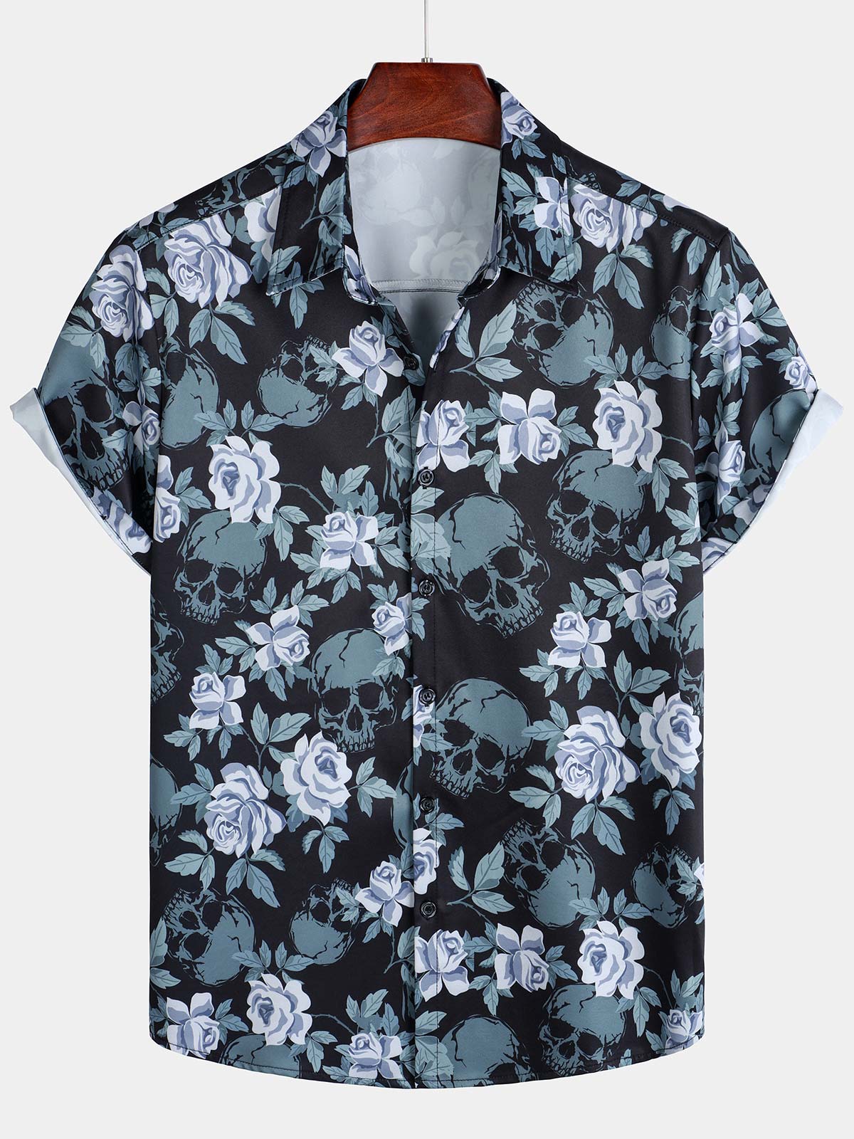 Camisa floral estampado Cool Skull Vacation Button de manga corta para hombre