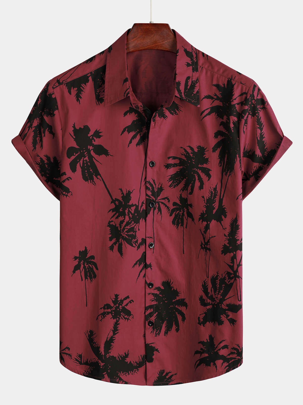 Camisa Palm Tree estampado de algodón Burgundy Beach de manga corta Collared para hombre