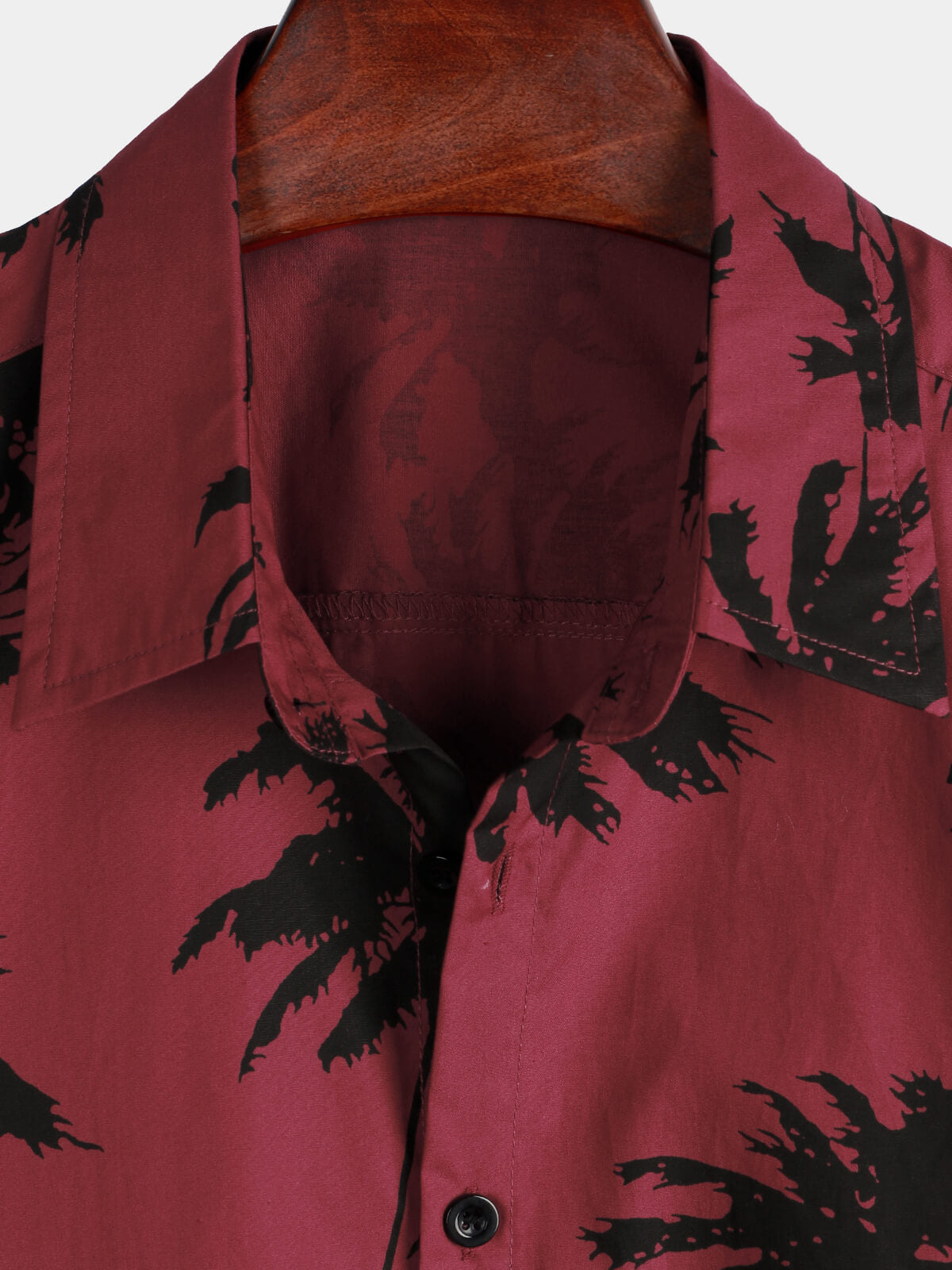 Camisa Palm Tree estampado de algodón Burgundy Beach de manga corta Collared para hombre