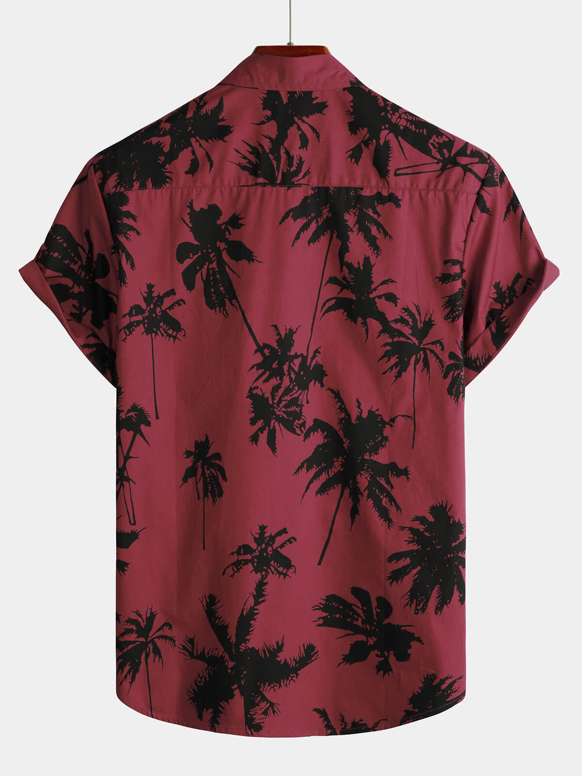 Camisa Palm Tree estampado de algodón Burgundy Beach de manga corta Collared para hombre