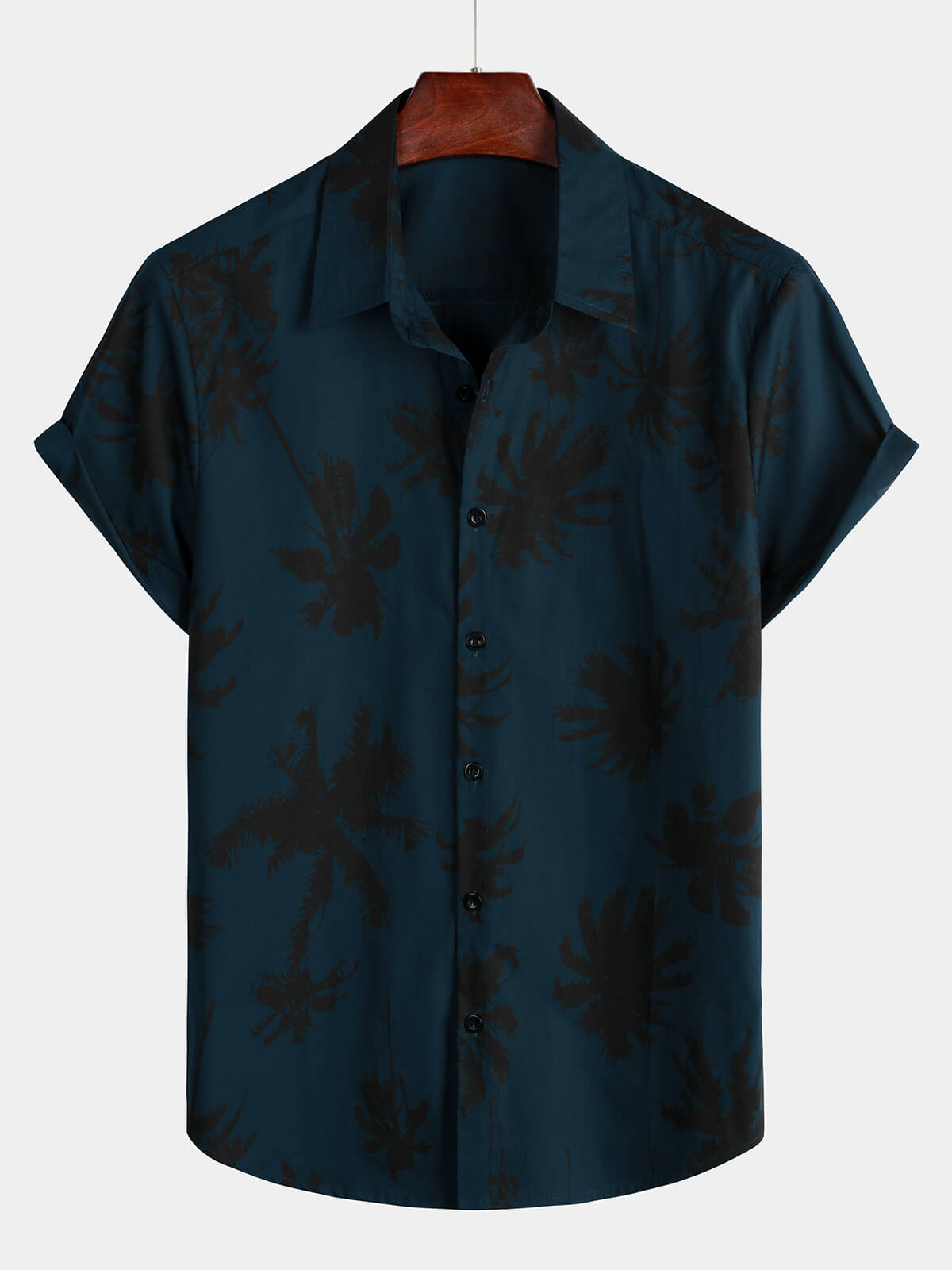 Camisa Palm Tree estampado 100% de algodón Navy Blue de manga corta Hawaiian Collared para hombre