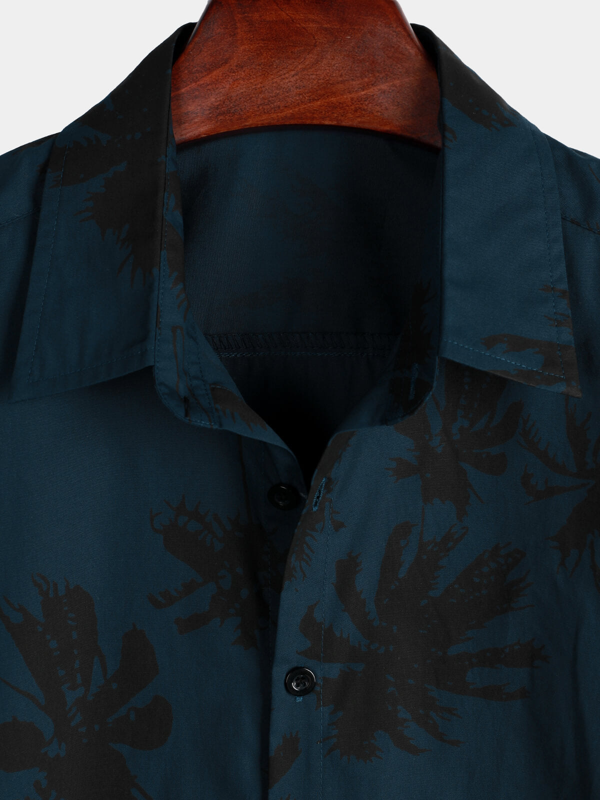 Camisa Palm Tree estampado 100% de algodón Navy Blue de manga corta Hawaiian Collared para hombre