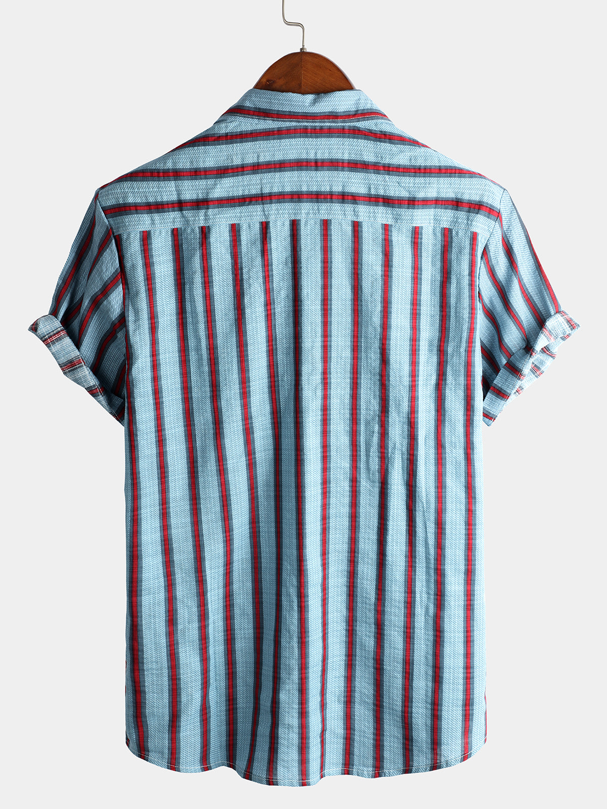 Camisa Blue a rayas casual de algodón de manga corta Button Up para hombre