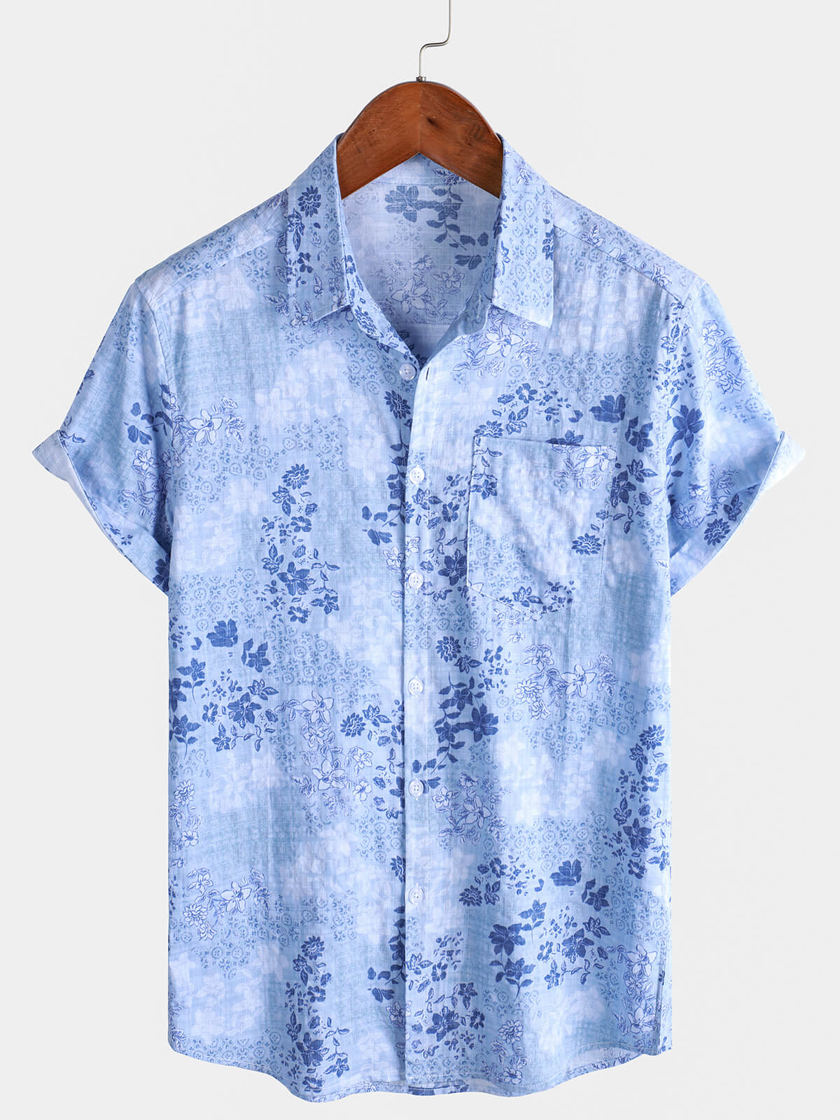 Camisa Blue floral estampado retro de manga corta para hombre