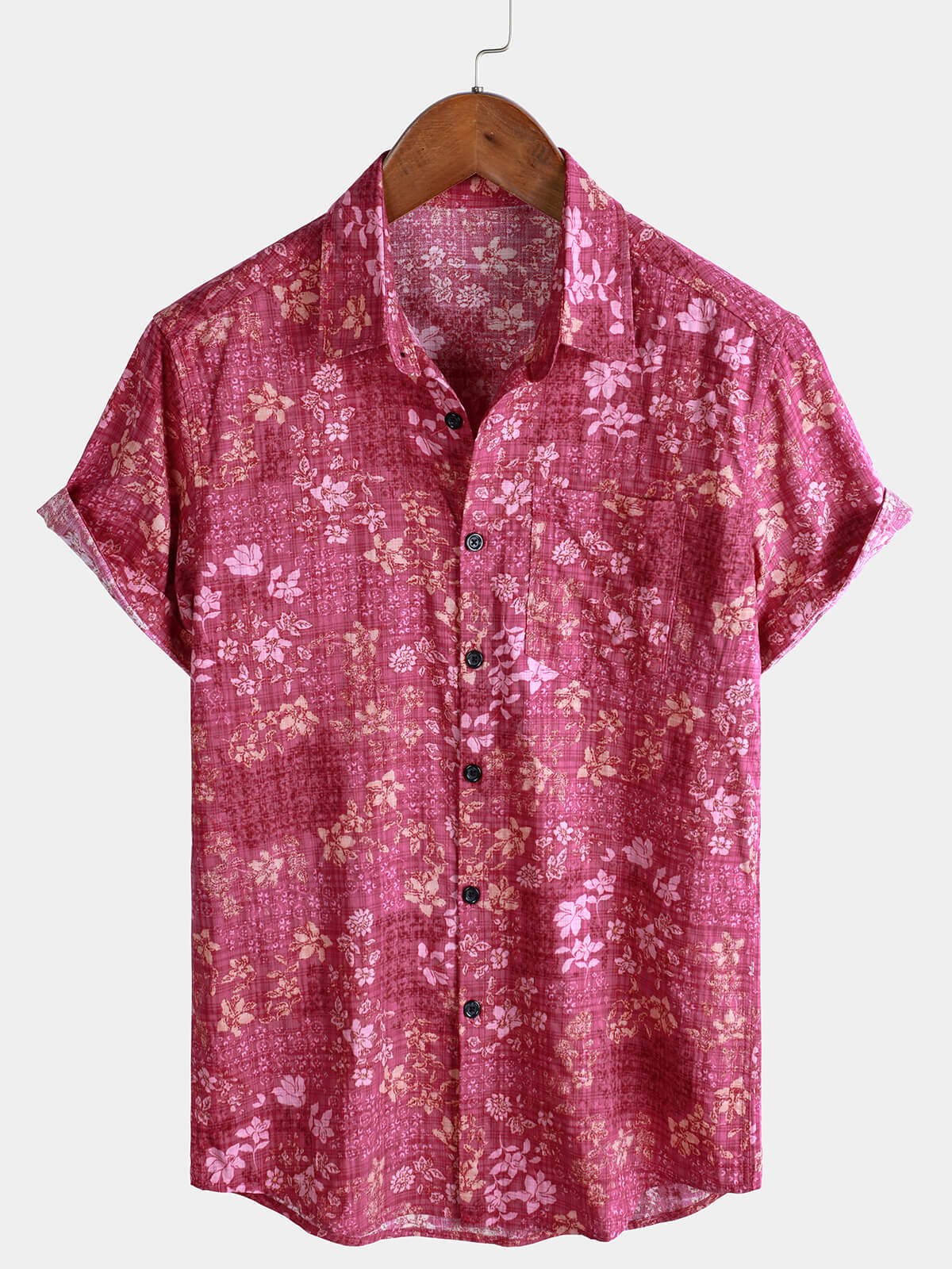 Camisa Pink floral Holiday casual Pocket de manga corta retro para hombre