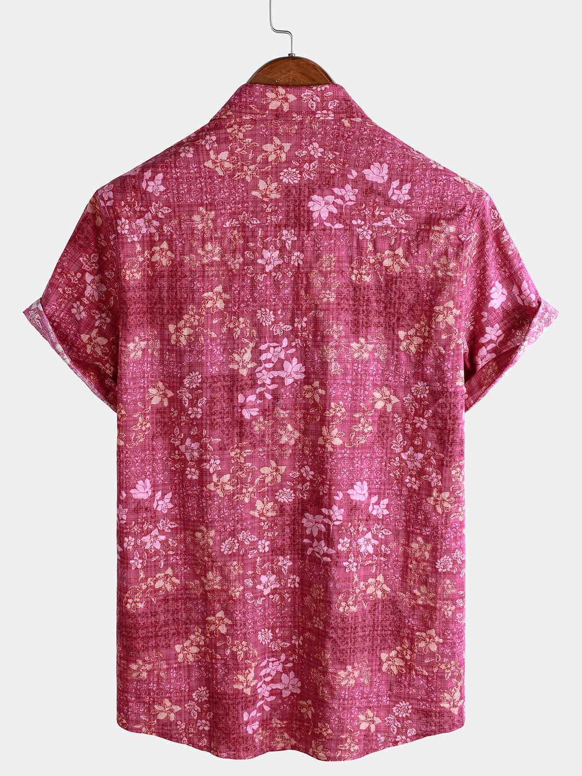 Camisa Pink floral Holiday casual Pocket de manga corta retro para hombre