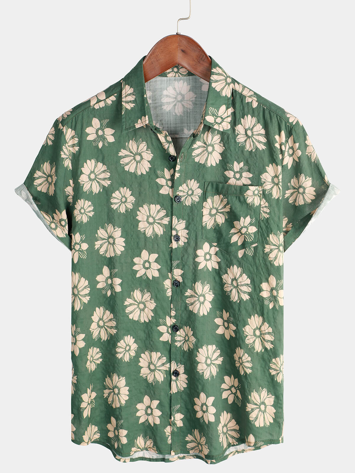 Camisa Green floral Hawaiian de manga corta Button Holiday Summer para hombre