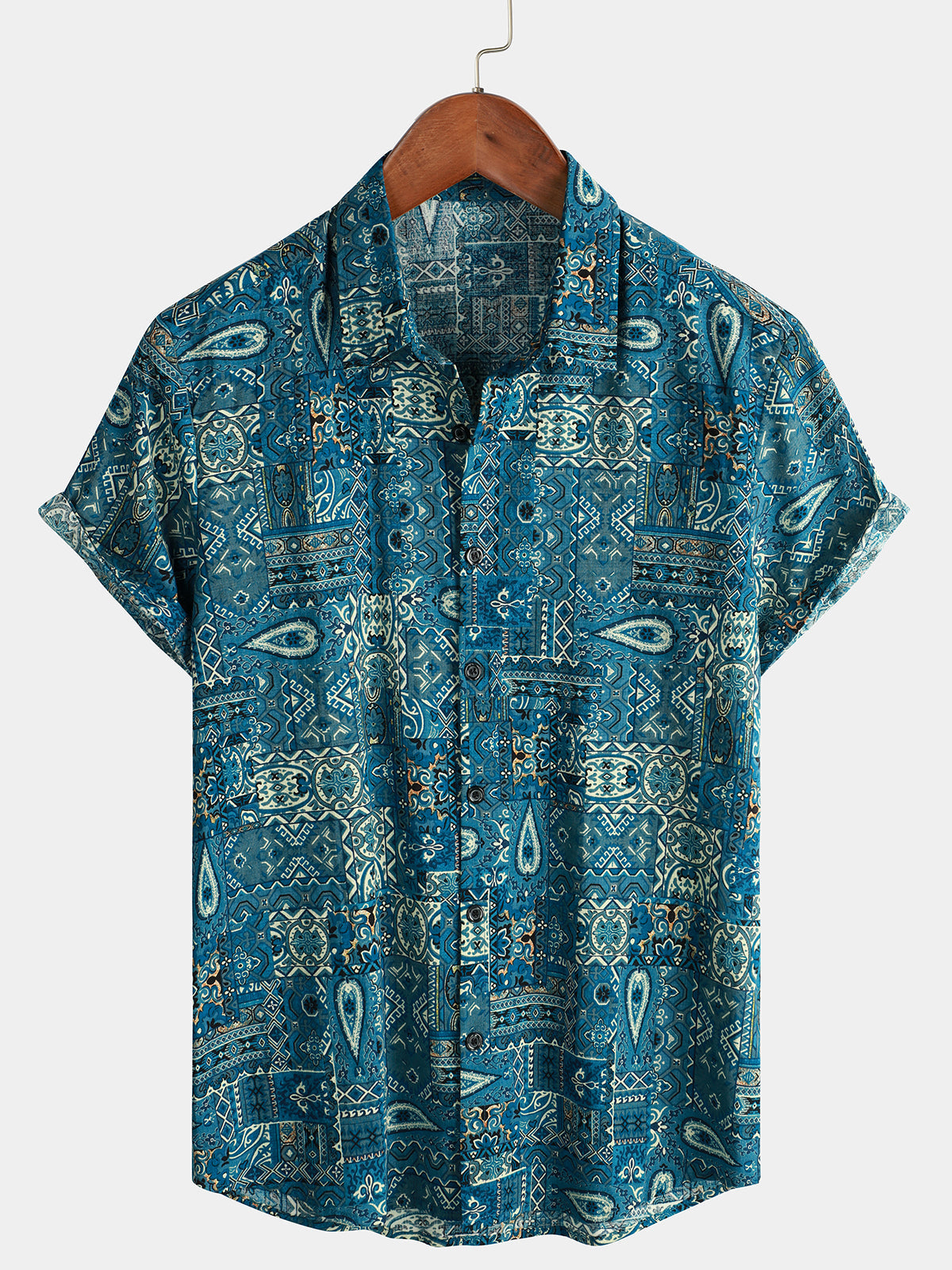 Camisa vintage Beach Tropical estampado Vacation Tribal Boho de manga corta retro Blue Button Up para hombre