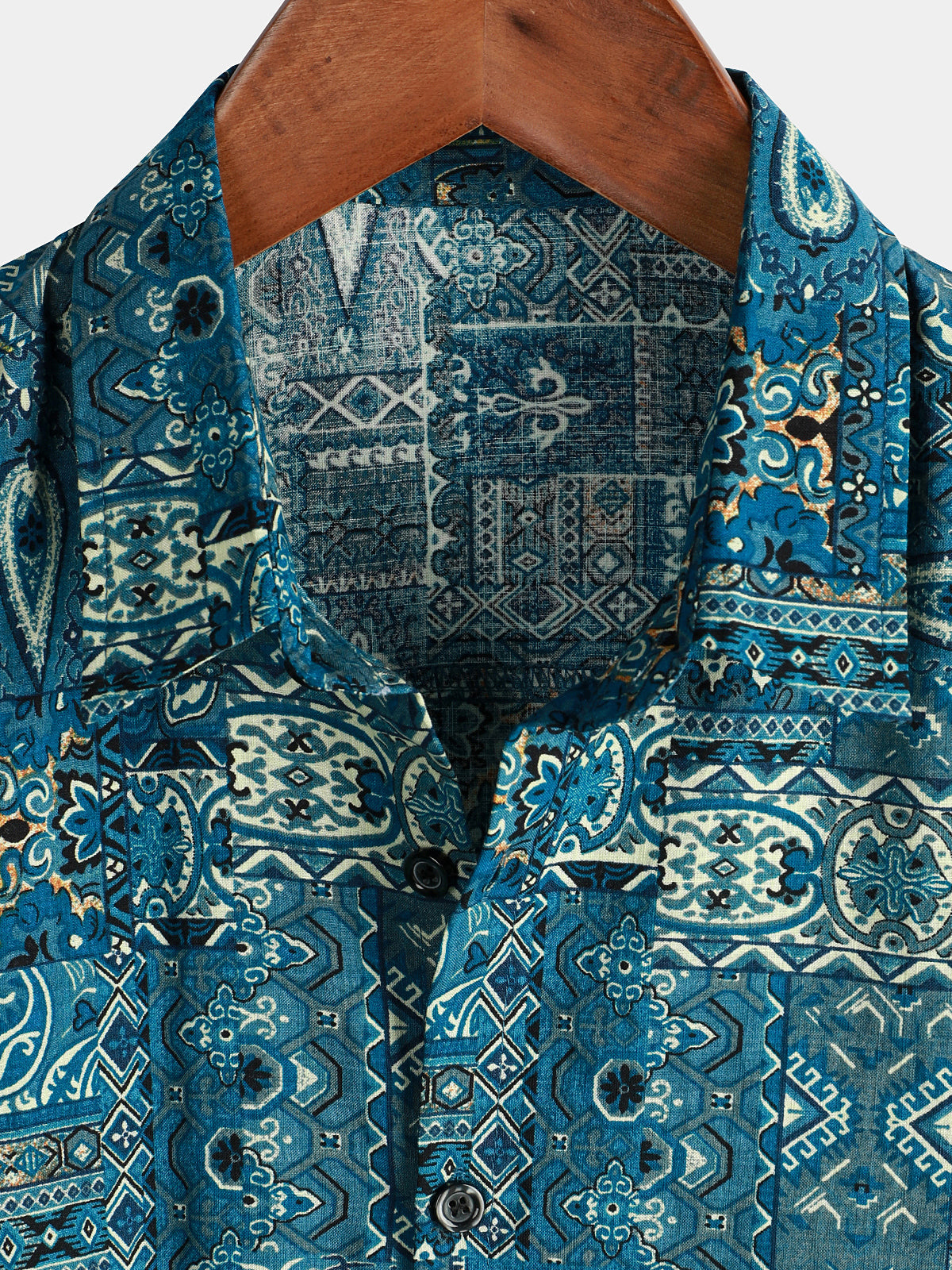 Camisa vintage Beach Tropical estampado Vacation Tribal Boho de manga corta retro Blue Button Up para hombre