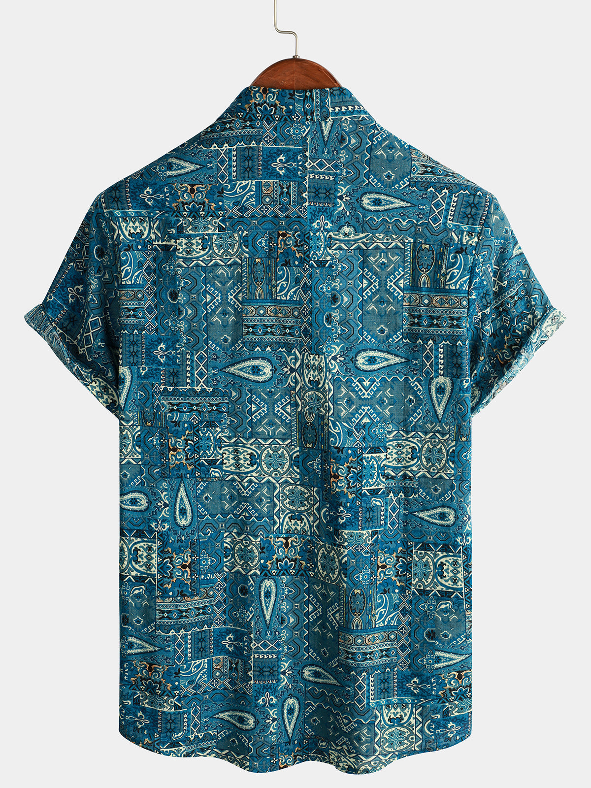 Camisa vintage Beach Tropical estampado Vacation Tribal Boho de manga corta retro Blue Button Up para hombre