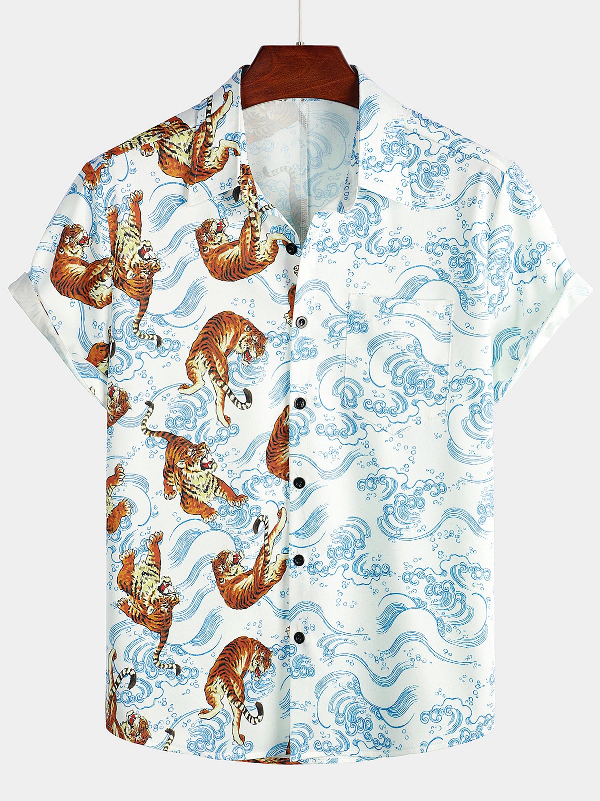 Camisa Tiger Animal estampado Summer Pocket Button Up Resort Summer Cool Hawaiian de manga corta para hombre
