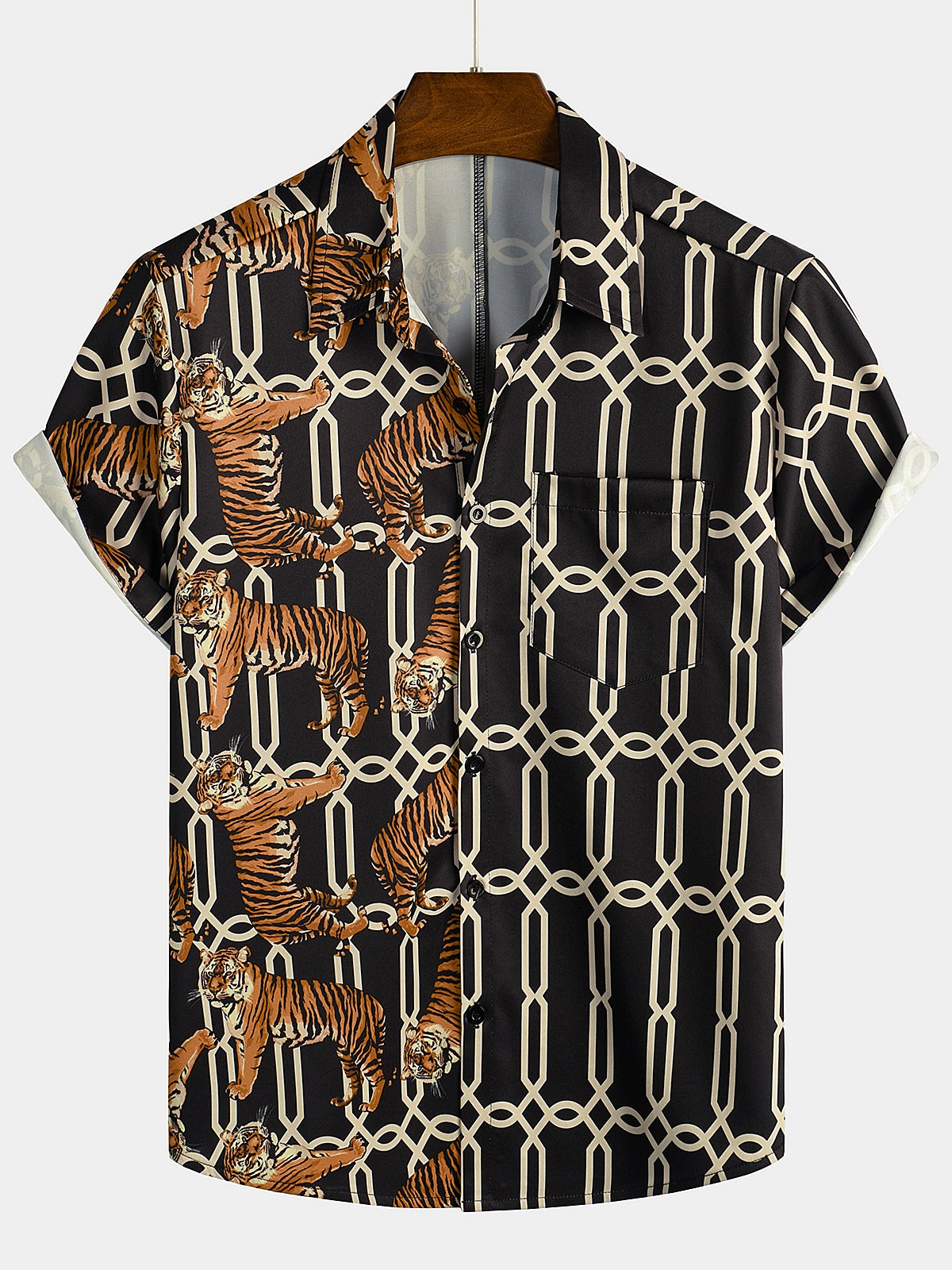 Camisa casual Tiger estampado Pocket de manga corta para hombre