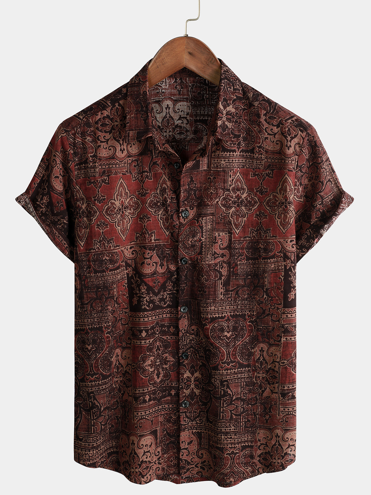 Camisa retro Paisley floral estampado de algodón Button Up vintage Holiday Western Brown de manga corta para hombre