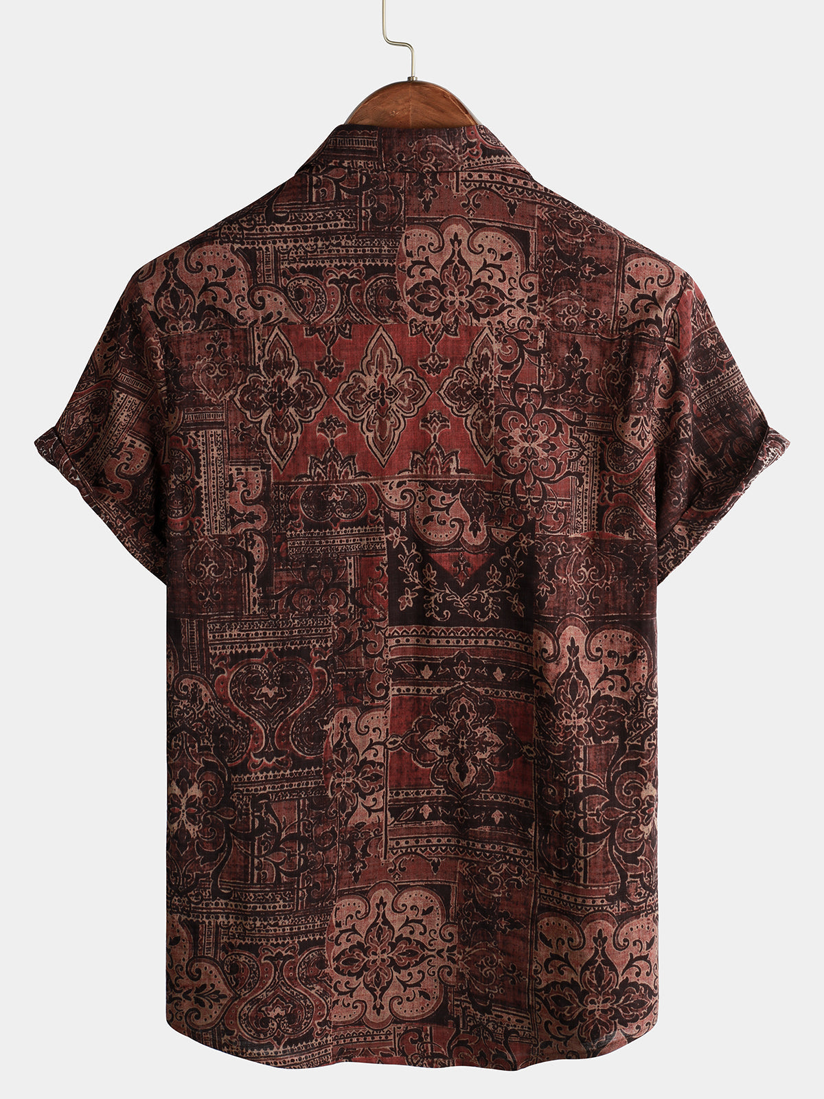 Camisa retro Paisley floral estampado de algodón Button Up vintage Holiday Western Brown de manga corta para hombre