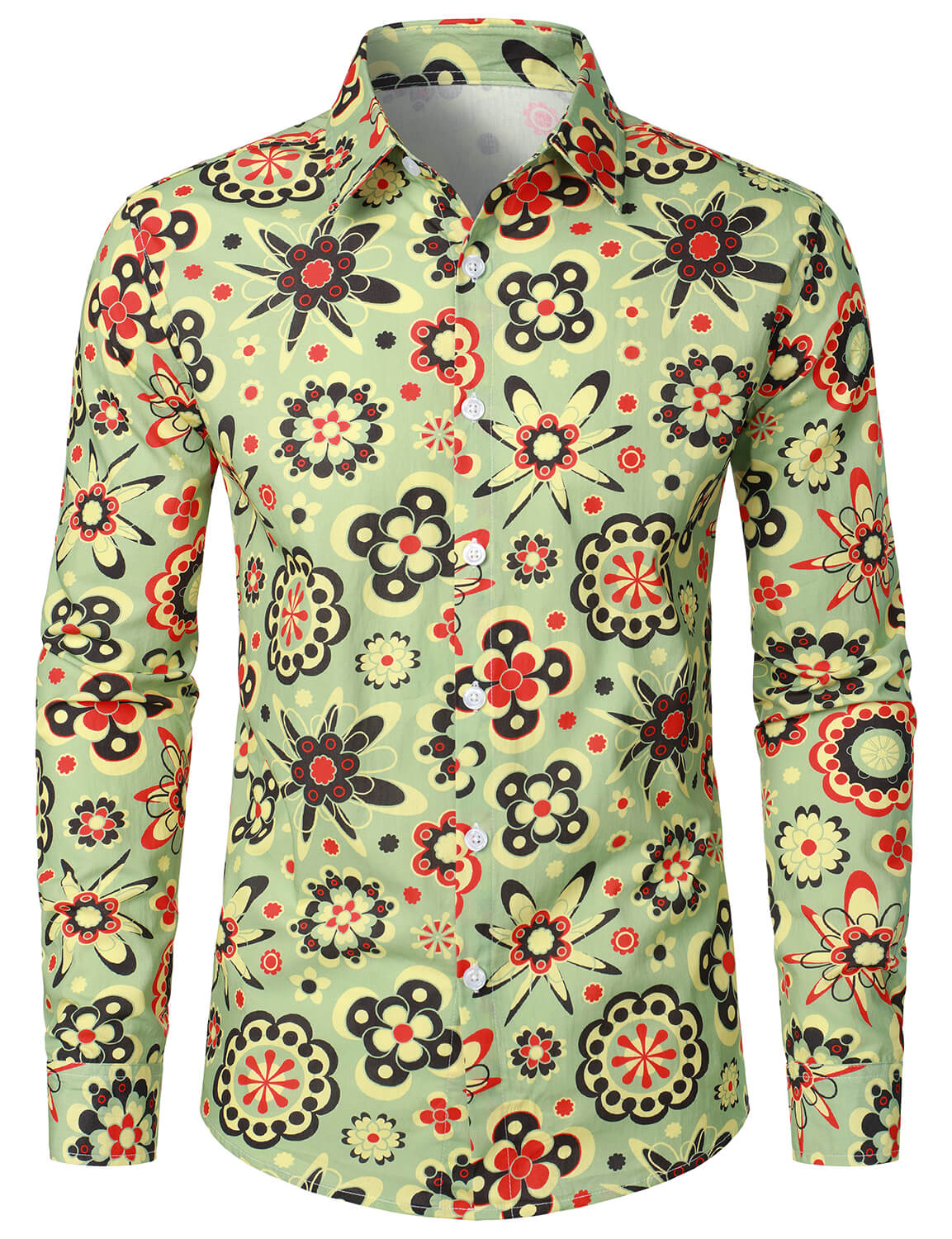 Camisa de vestir Flower estampado de algodón vintage de manga larga Button Up para hombre