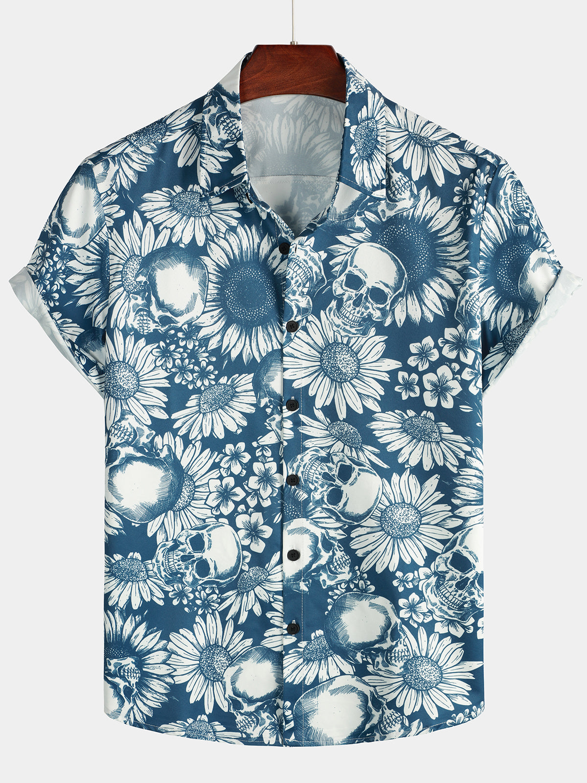 Camisa Skull Sunflower Button Up de manga corta Art Flower Blue Rock and Roll Hawaiian para hombre