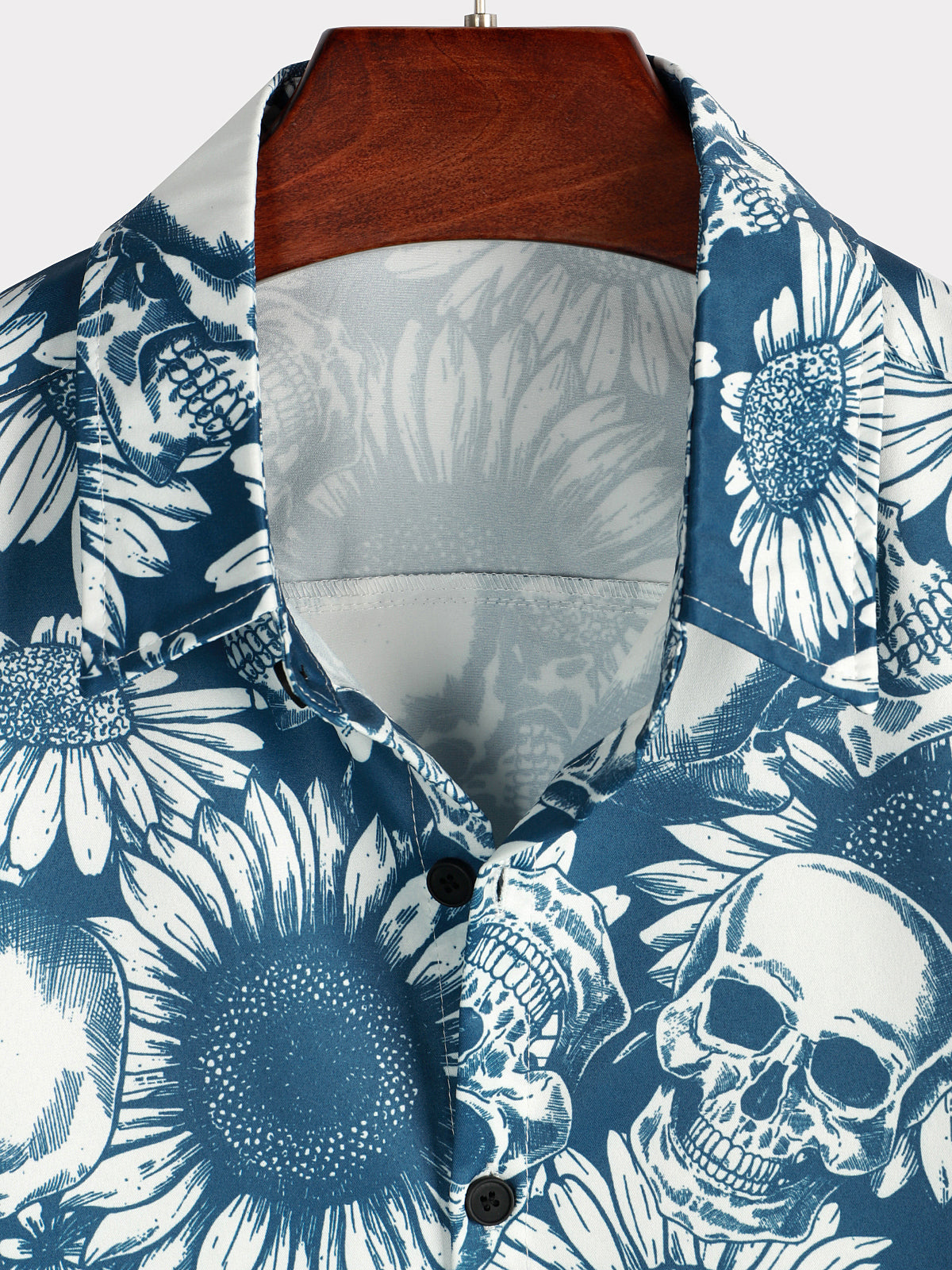 Camisa Skull Sunflower Button Up de manga corta Art Flower Blue Rock and Roll Hawaiian para hombre