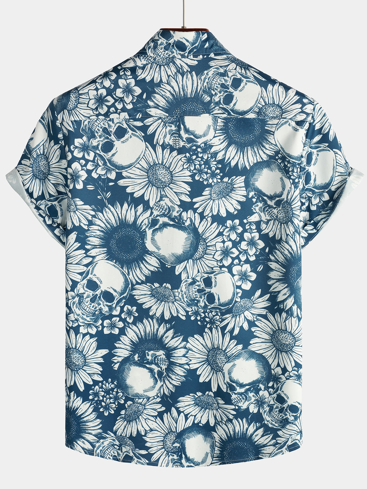 Camisa Skull Sunflower Button Up de manga corta Art Flower Blue Rock and Roll Hawaiian para hombre