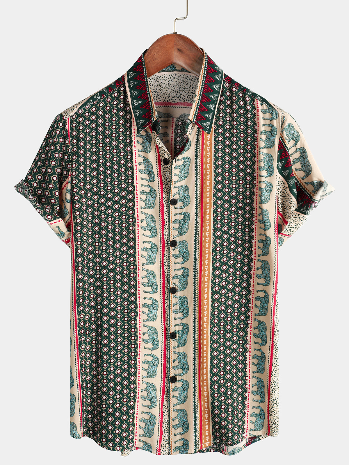 Camisa a rayas Elephant estampado retro Button Up Green Top de manga corta para hombre
