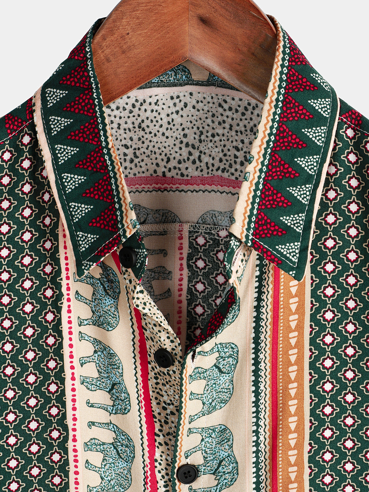 Camisa a rayas Elephant estampado retro Button Up Green Top de manga corta para hombre