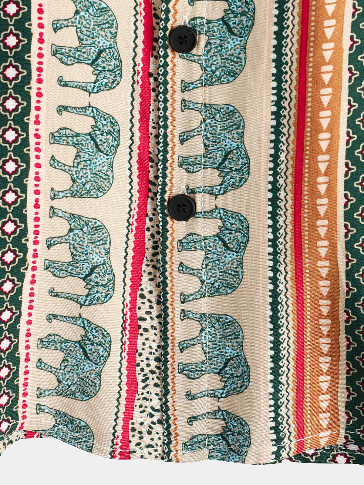 Camisa a rayas Elephant estampado retro Button Up Green Top de manga corta para hombre