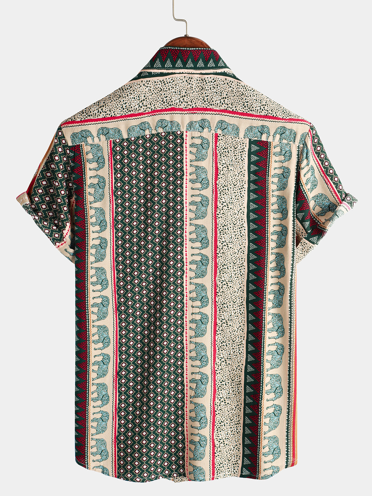 Camisa a rayas Elephant estampado retro Button Up Green Top de manga corta para hombre