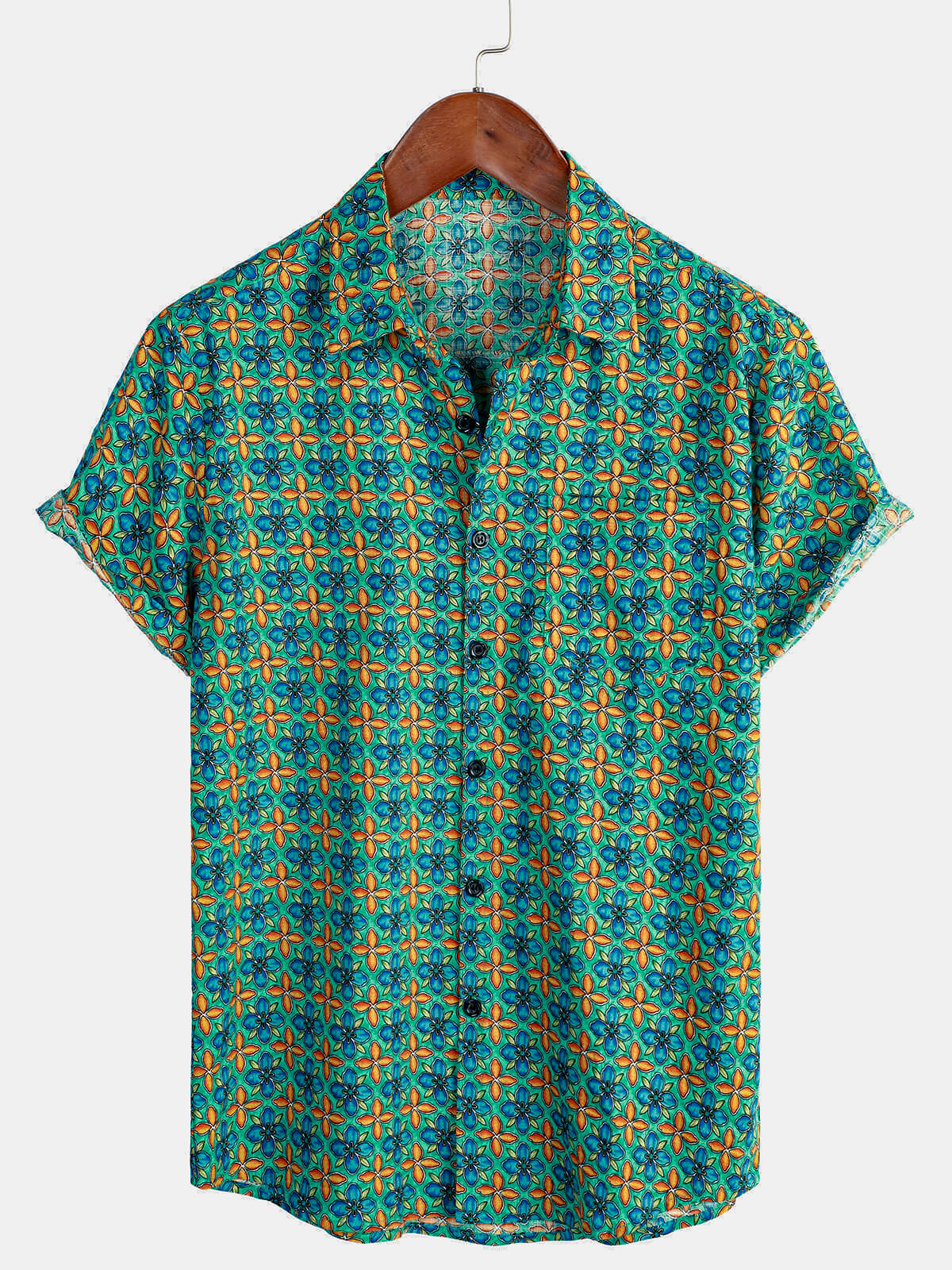 Camisa floral vintage de manga corta Leisure de algodón Button Up para hombre