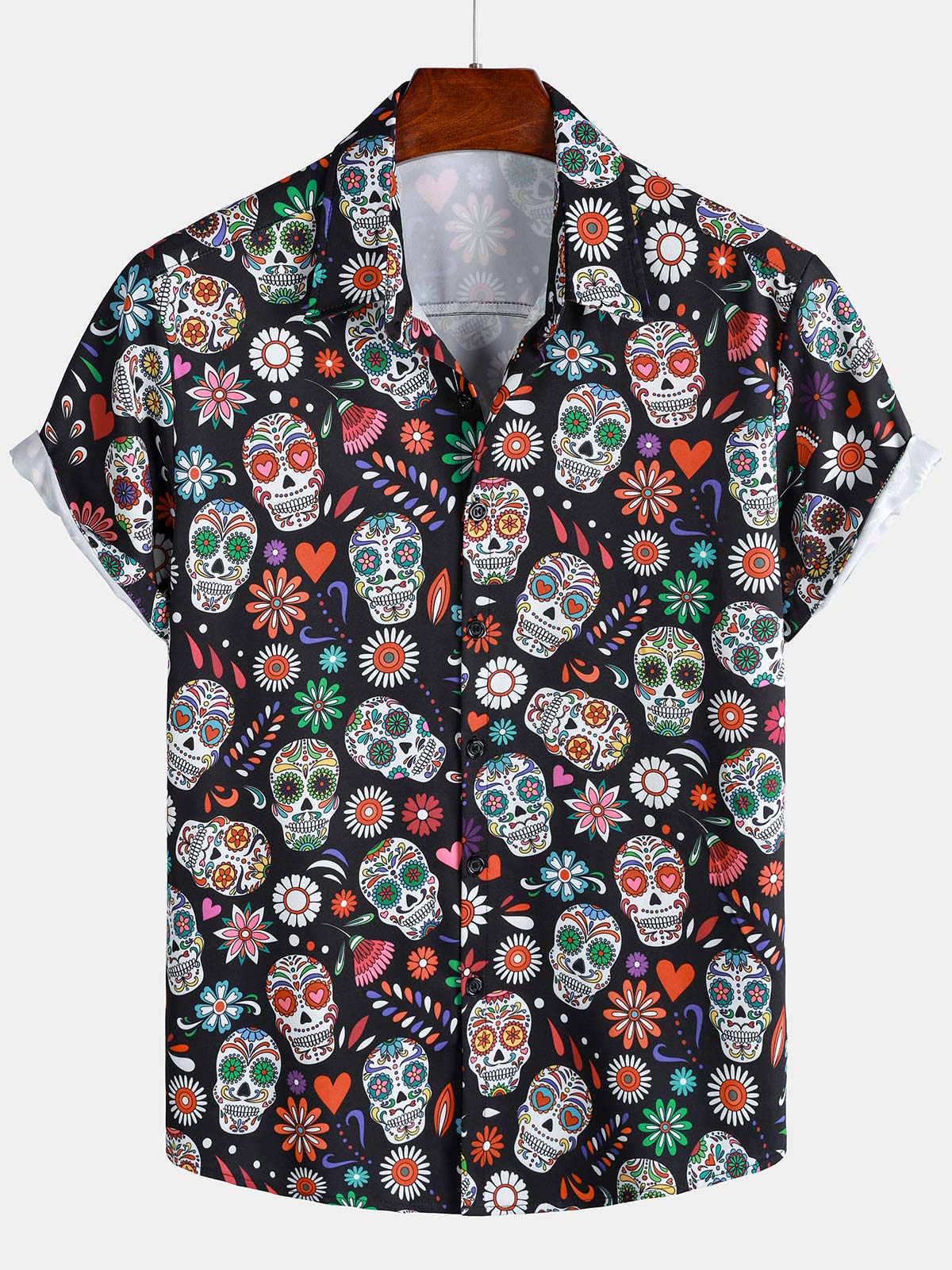 Flower Skull Colorful Graphic Button Up de manga corta Punk Rock Arcamiseta para hombre