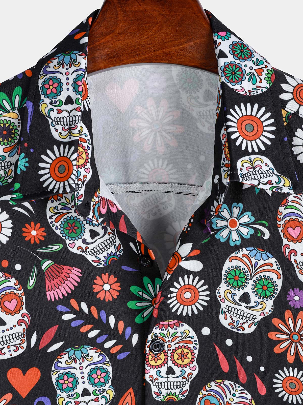 Flower Skull Colorful Graphic Button Up de manga corta Punk Rock Arcamiseta para hombre