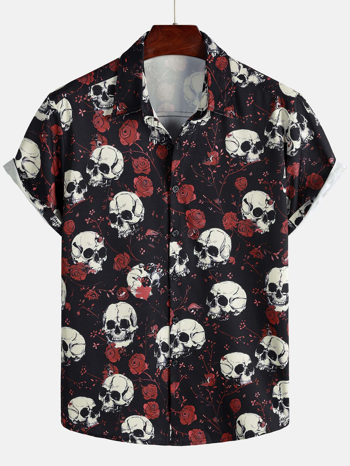 Rose Skull Cool Graphic Button Up de manga corta Punk Rock Arcamiseta para hombre
