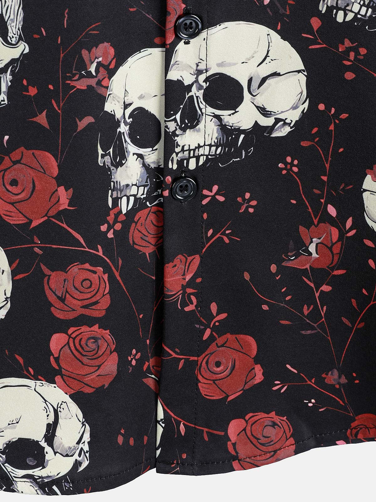 Rose Skull Cool Graphic Button Up de manga corta Punk Rock Arcamiseta para hombre