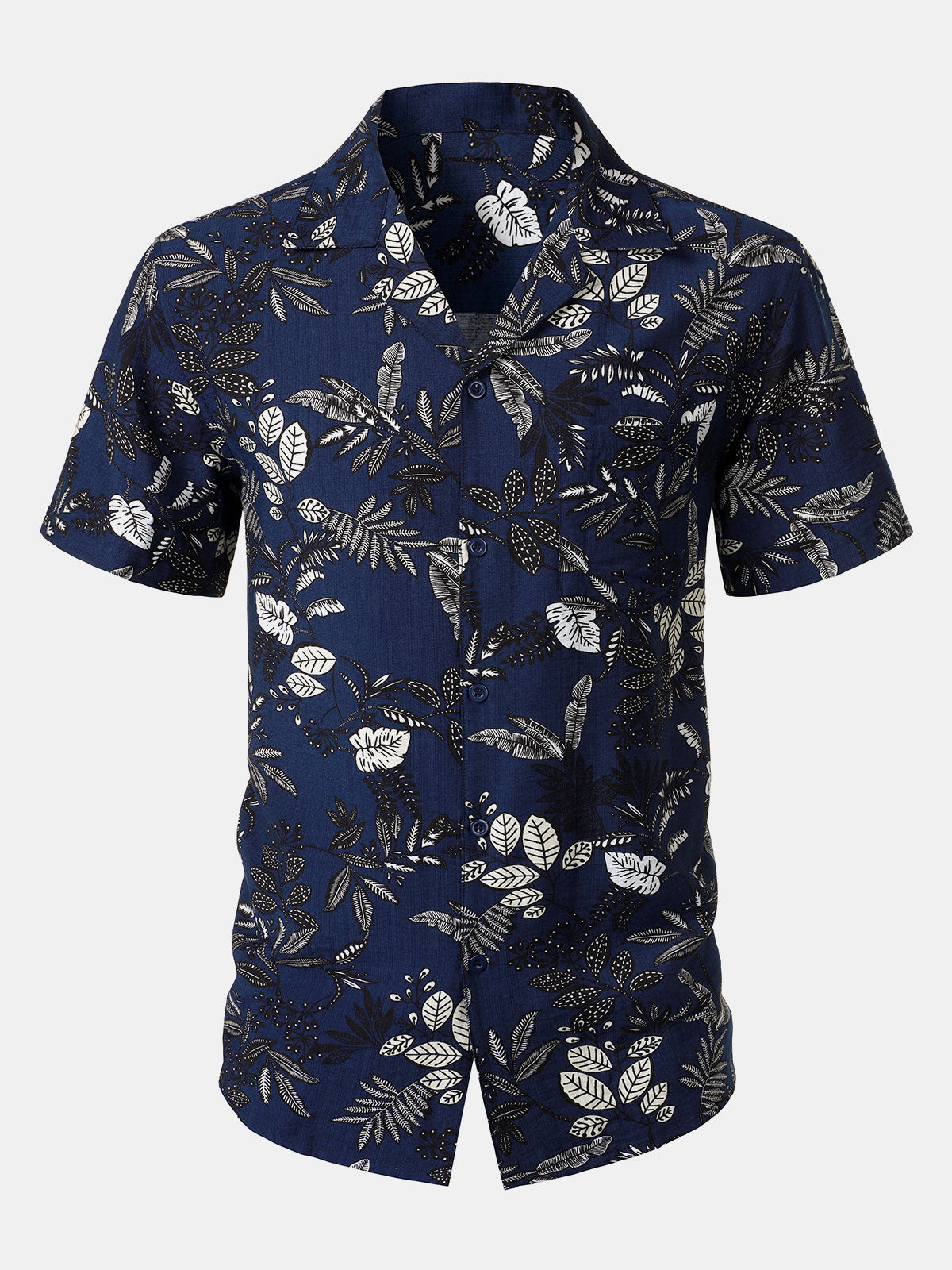 Camisa Navy Blue Tropical Leaf estampado casual Hawaiian para hombre
