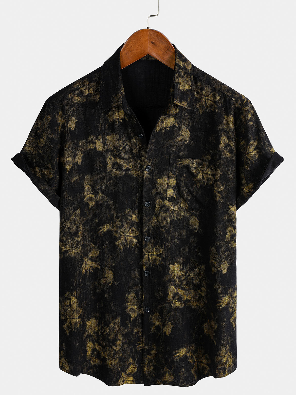 Camisa vintage floral Black transpirable Vacation de manga corta para hombre