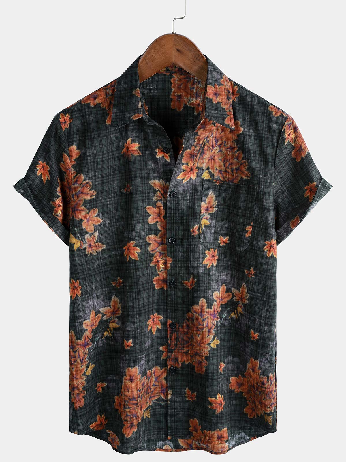 Camisa Leaf estampado transpirable de manga corta Hawaiian para hombre