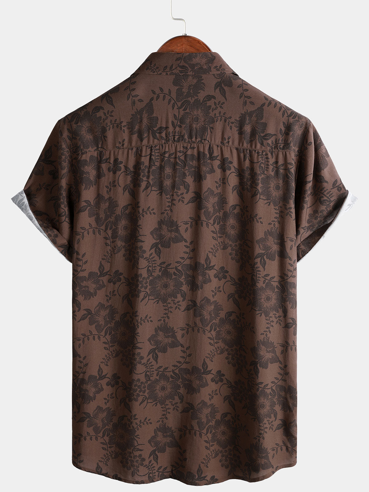 Camisa retro Brown floral Holiday Wear de manga corta para hombre