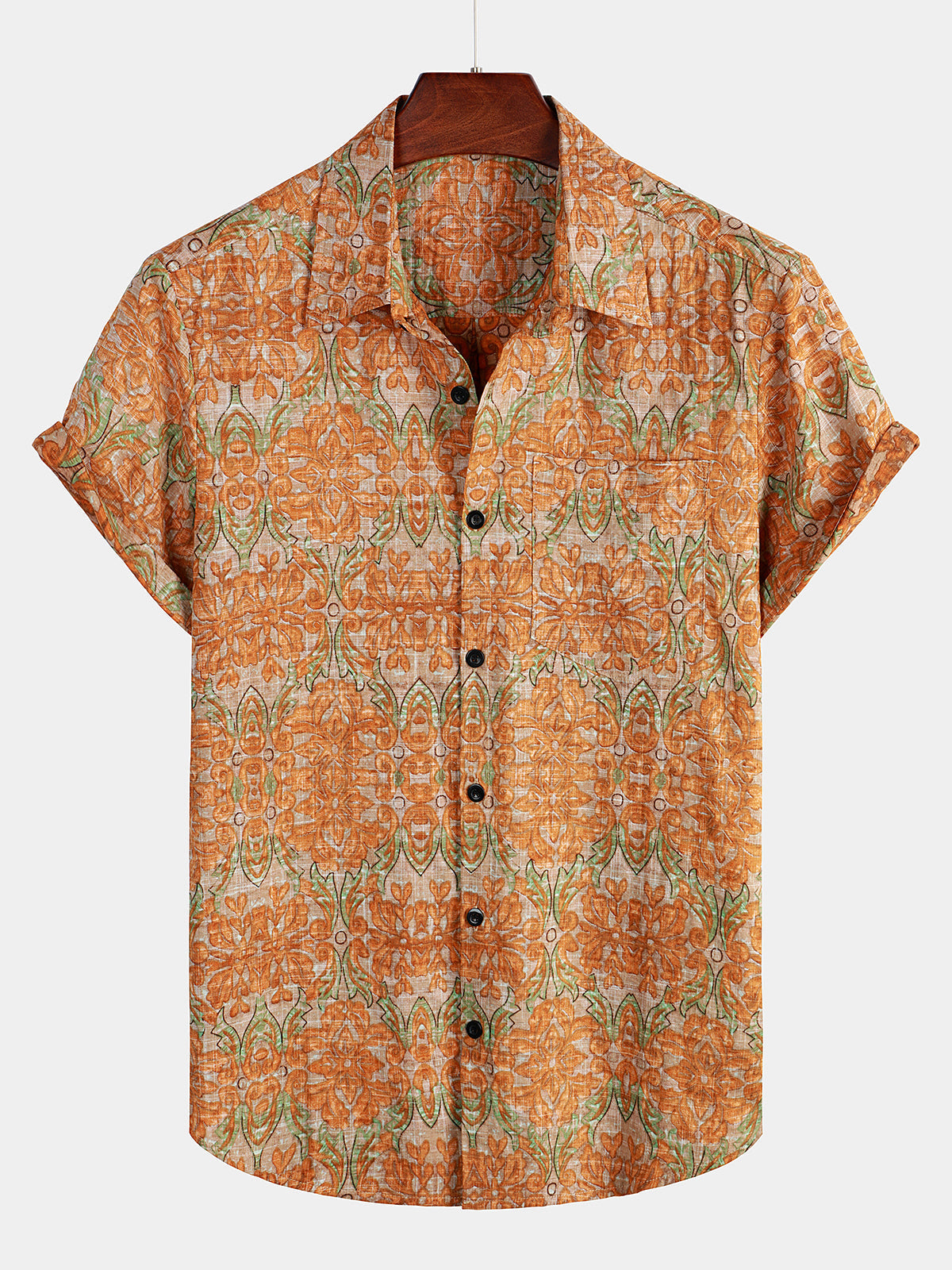 Camisa retro casual Button Up Pocket Beach vintage Orange de manga corta para hombre