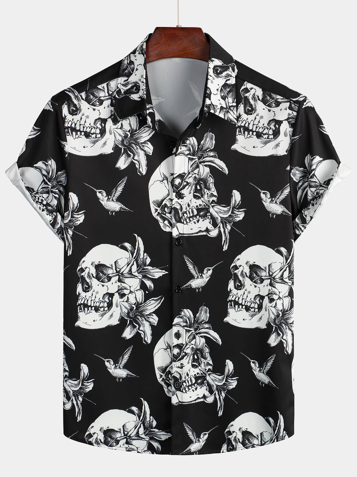 Camisa Skull Hummingbird Punk Rocker Cool Rock Button Up de manga corta Black Hawaiian para hombre