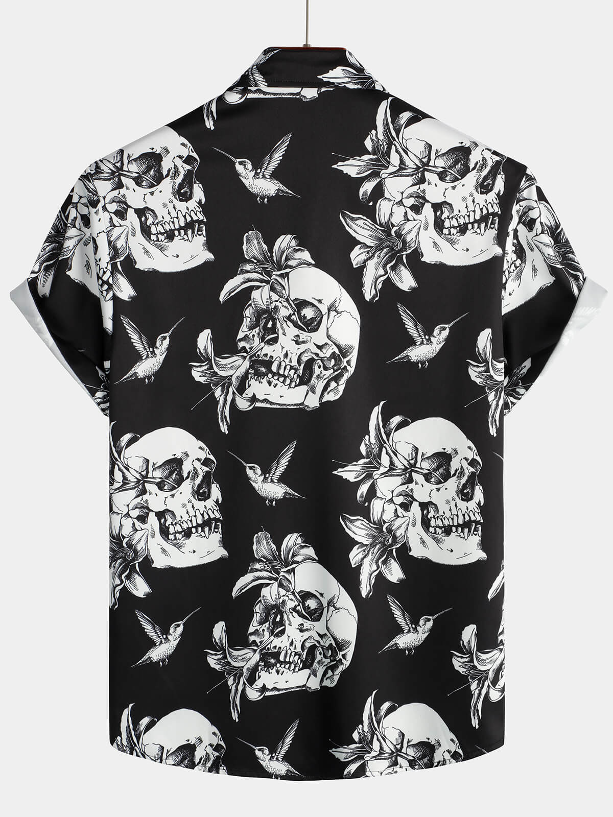 Camisa Skull Hummingbird Punk Rocker Cool Rock Button Up de manga corta Black Hawaiian para hombre