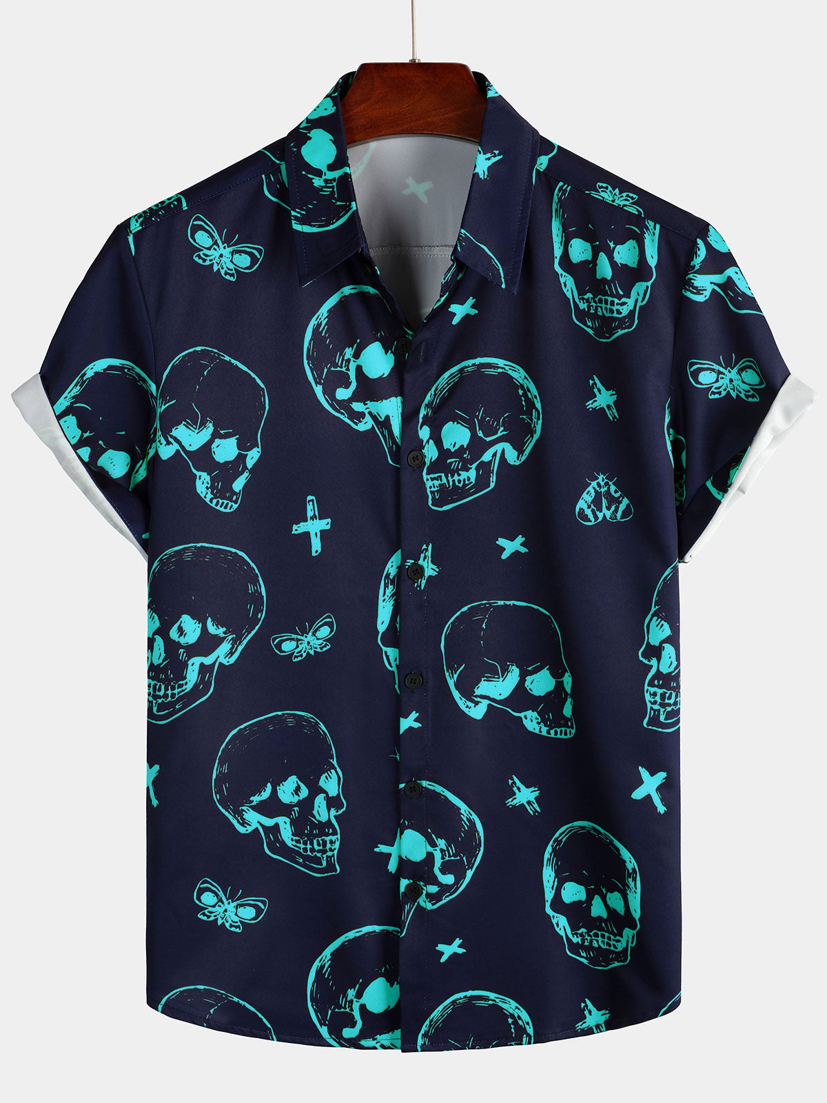 Camisa Blue Skull estampado Art Graphic Button de manga corta Aloha Hawaiian para hombre