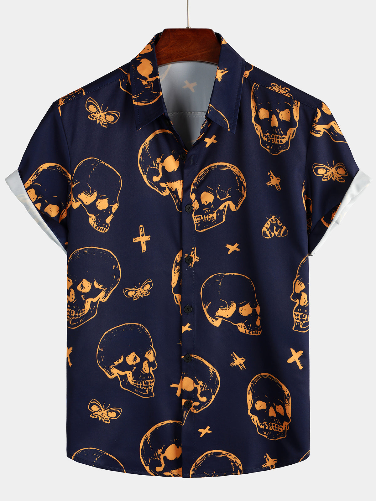 Camisa Orange Skull estampado Art Graphic Button up de manga corta Aloha Hawaiian para hombre
