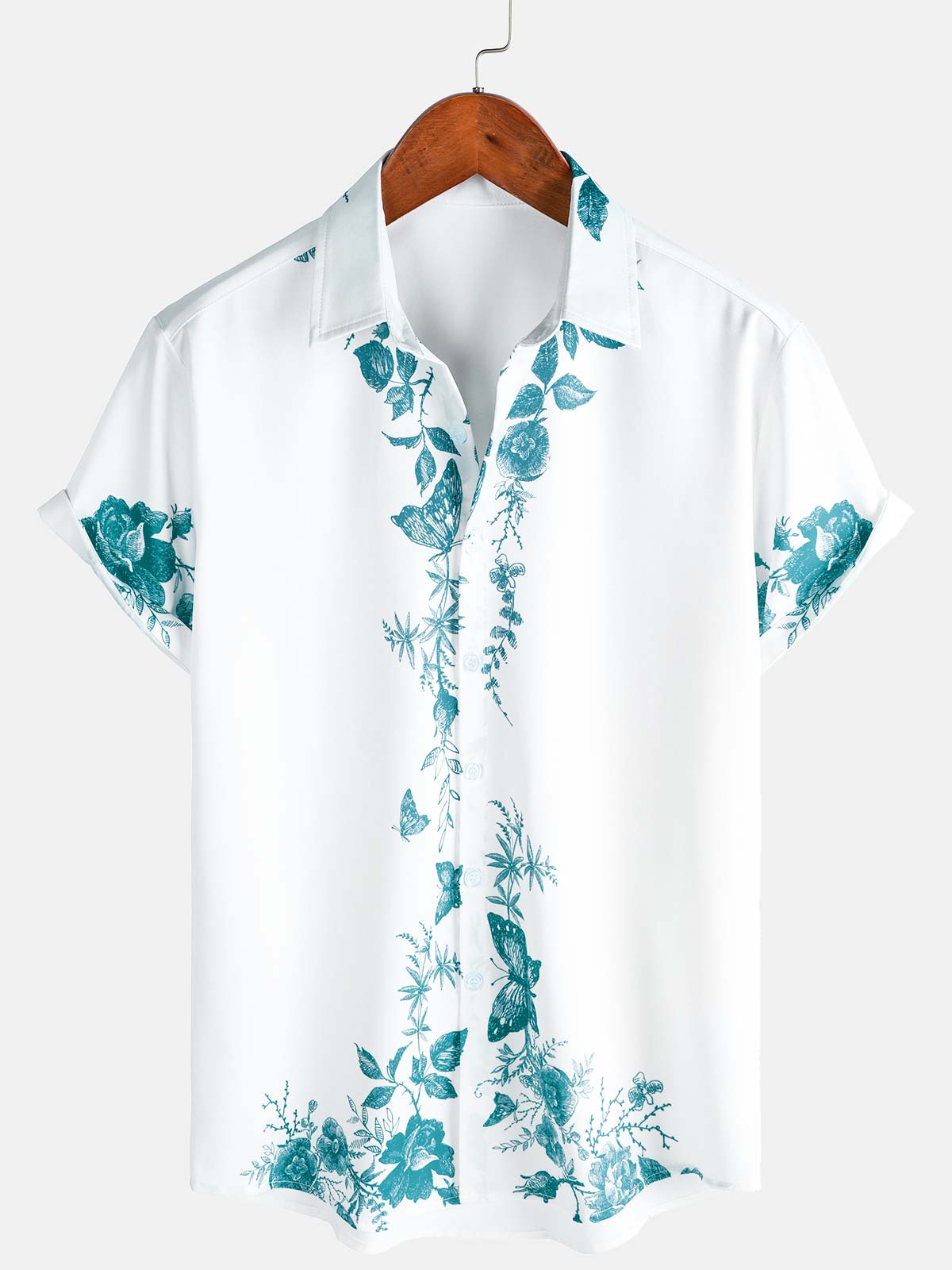 para hombre Blue floral Print Hawaiian Button Up Summer Beach casual Collar de manga corta camisa