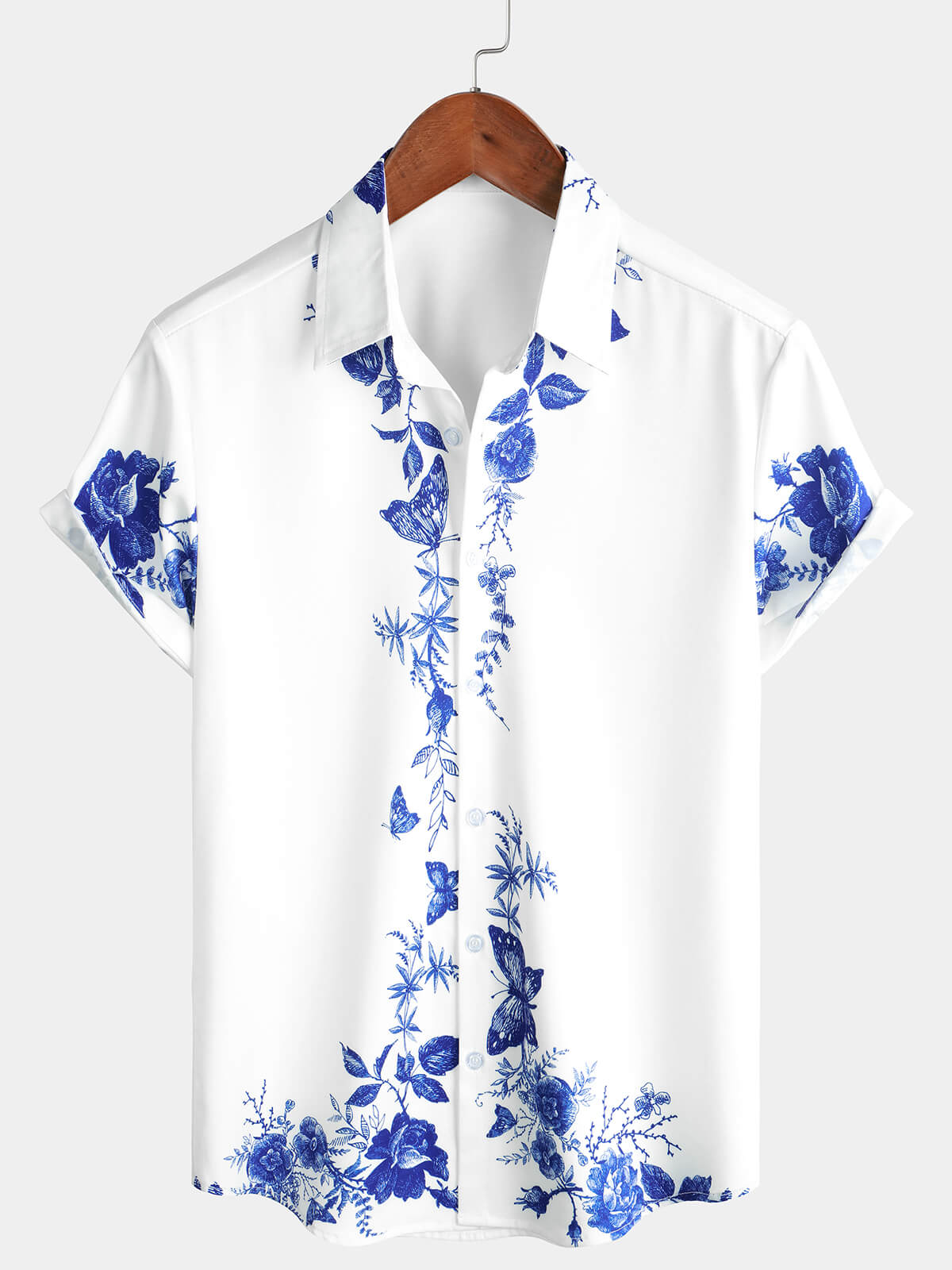 para hombre Blue floral Print Hawaiian Button Up Summer Beach casual Collar de manga corta camisa