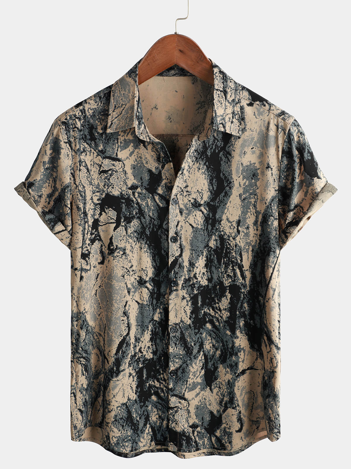 Camisa Khaki retro Art estampado casual de manga corta Button Up para hombre