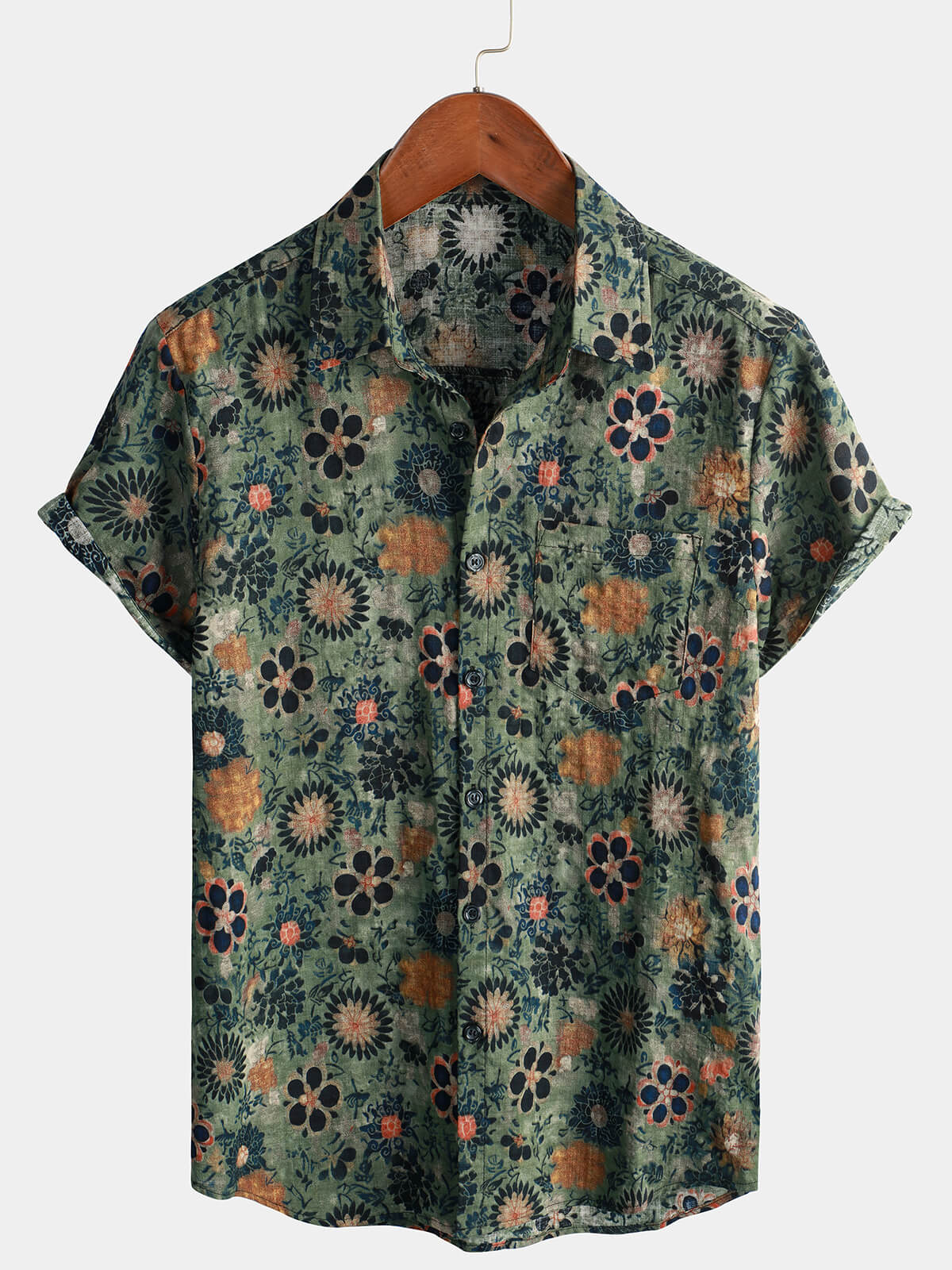 Camisa casual vintage floral estampado de manga corta para hombre