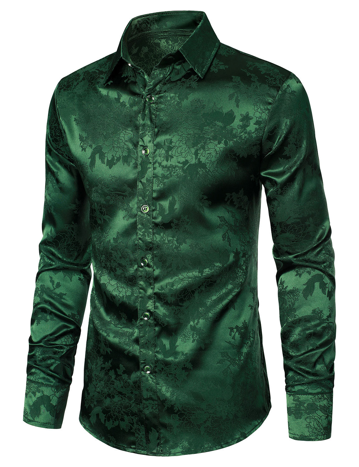 Camisa de vestir casual Shiny Satin floral Jacquard Green de manga larga Button Up para hombre